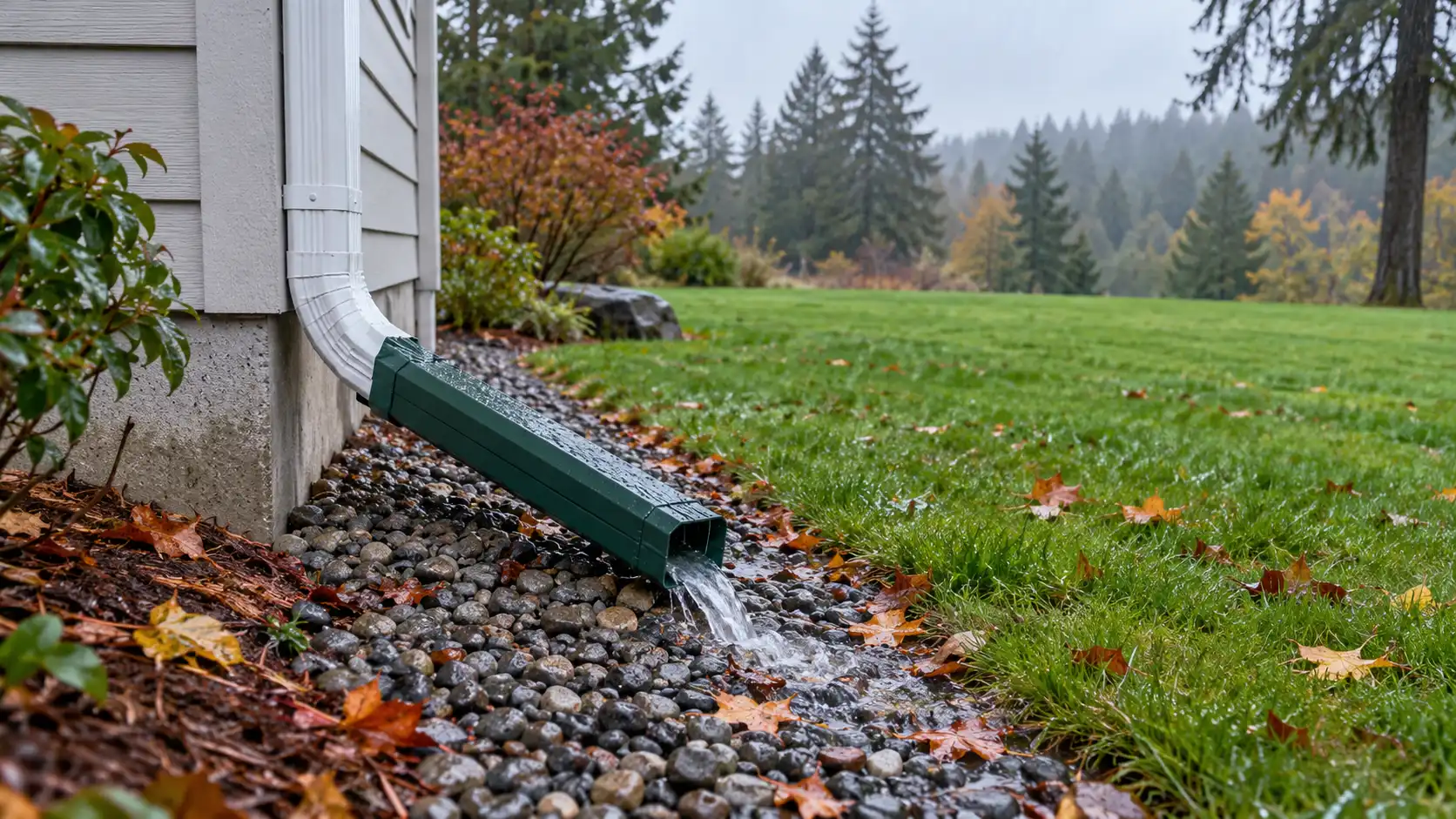 Downspout extension directing rainwater onto a gravel drainage strip beside a lawn