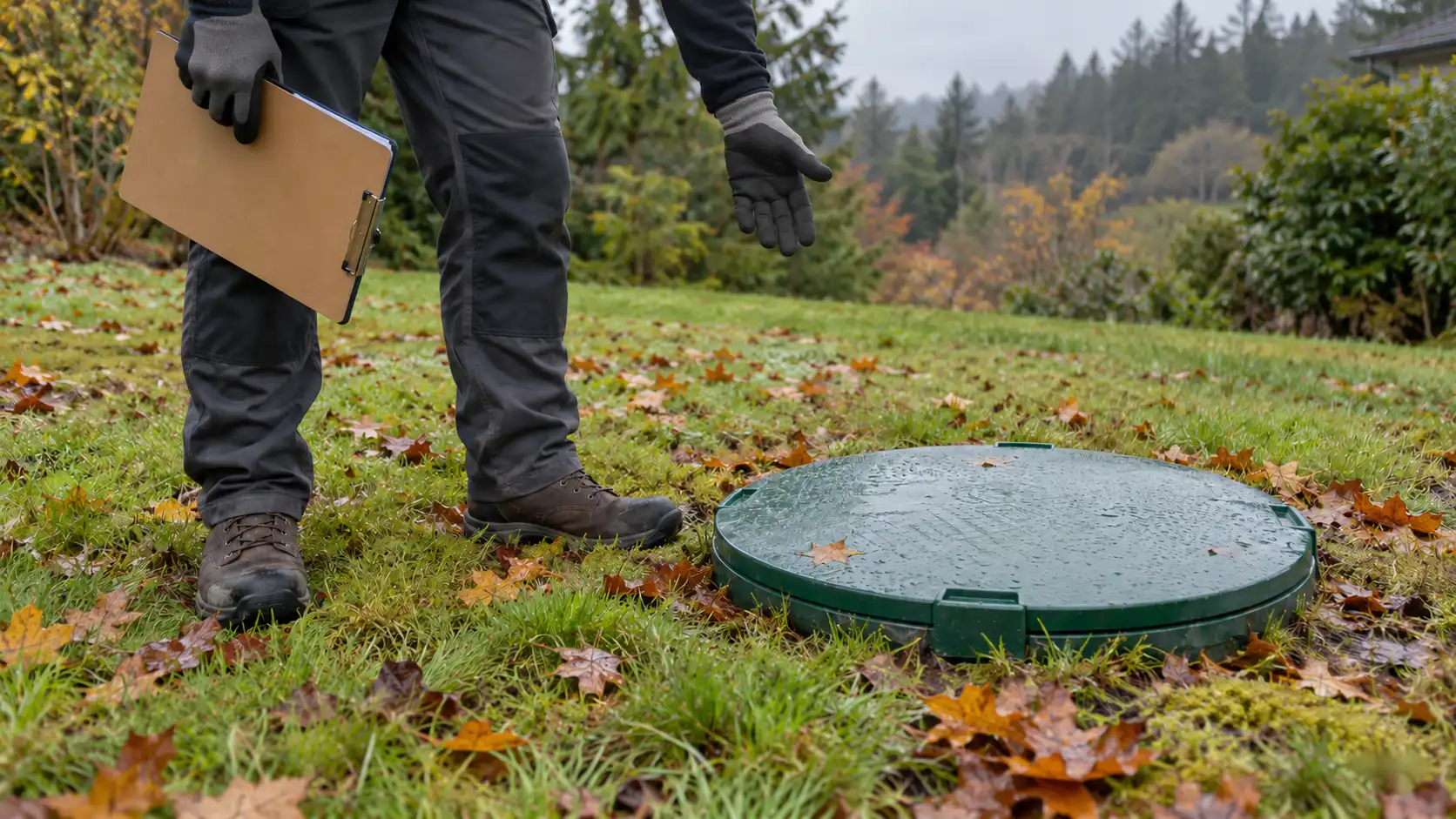 Septic professional standing beside a closed access lid on a wet autumn lawn